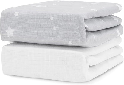 Newton Baby Organic Fitted Crib Sheet (2-Pack) - 100% Breathable and Ultra-Soft, 100% Organic Muslin Cotton, Stardust Print in Twilight Grey + Solid White, Fits All Standard Cribs