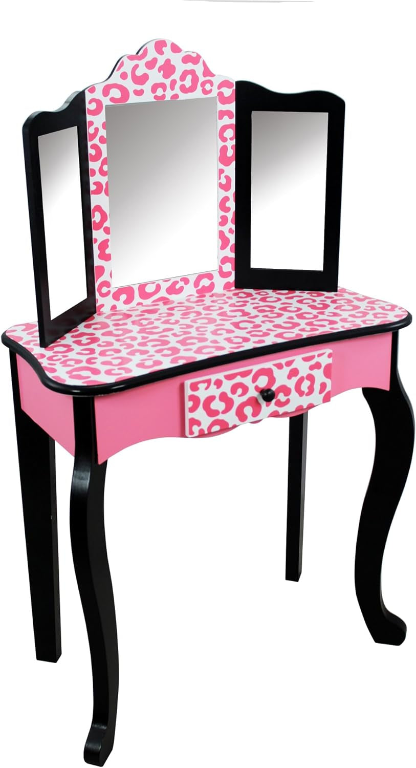 Teamson Kids Leopard Prints Wooden 2-Pc. Play Vanity Set with Tri-Fold Mirror, Storage Drawer and Matching Stool to Play Dress-Up, Princess or Beauty Shop, Black/Pink