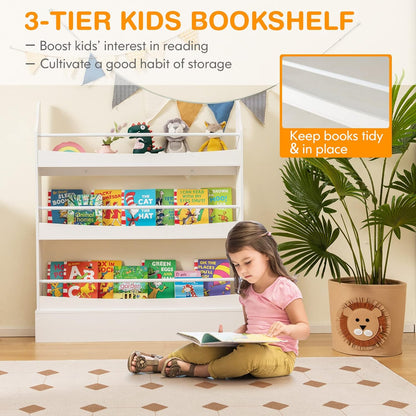 Costzon Kids Bookshelf, 4-Tier Wooden Book Shelf Organizer for Books and Toys, Toddler Space-Saving Wall Bookcase Conner Storage Rack for Bedroom, Living Room, Nursery, Playroom (White)