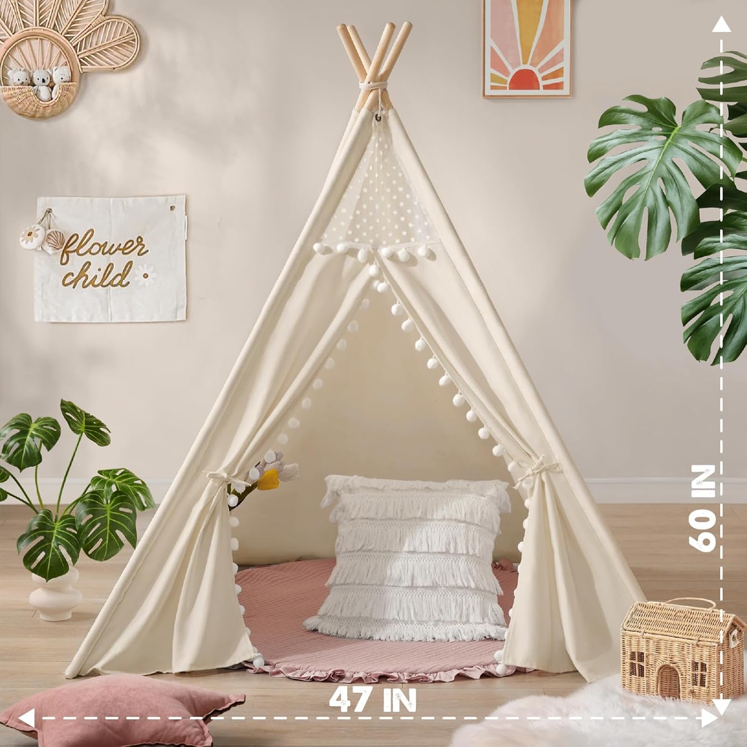 Tiny Land Teepee Tent for Kids Tent Indoor, Canvas Toddler Tent - Kids Teepee Tent for Girls & Boys, Washable Tipi Tent Kids Boho Tent - Foldable Kids Play Tent