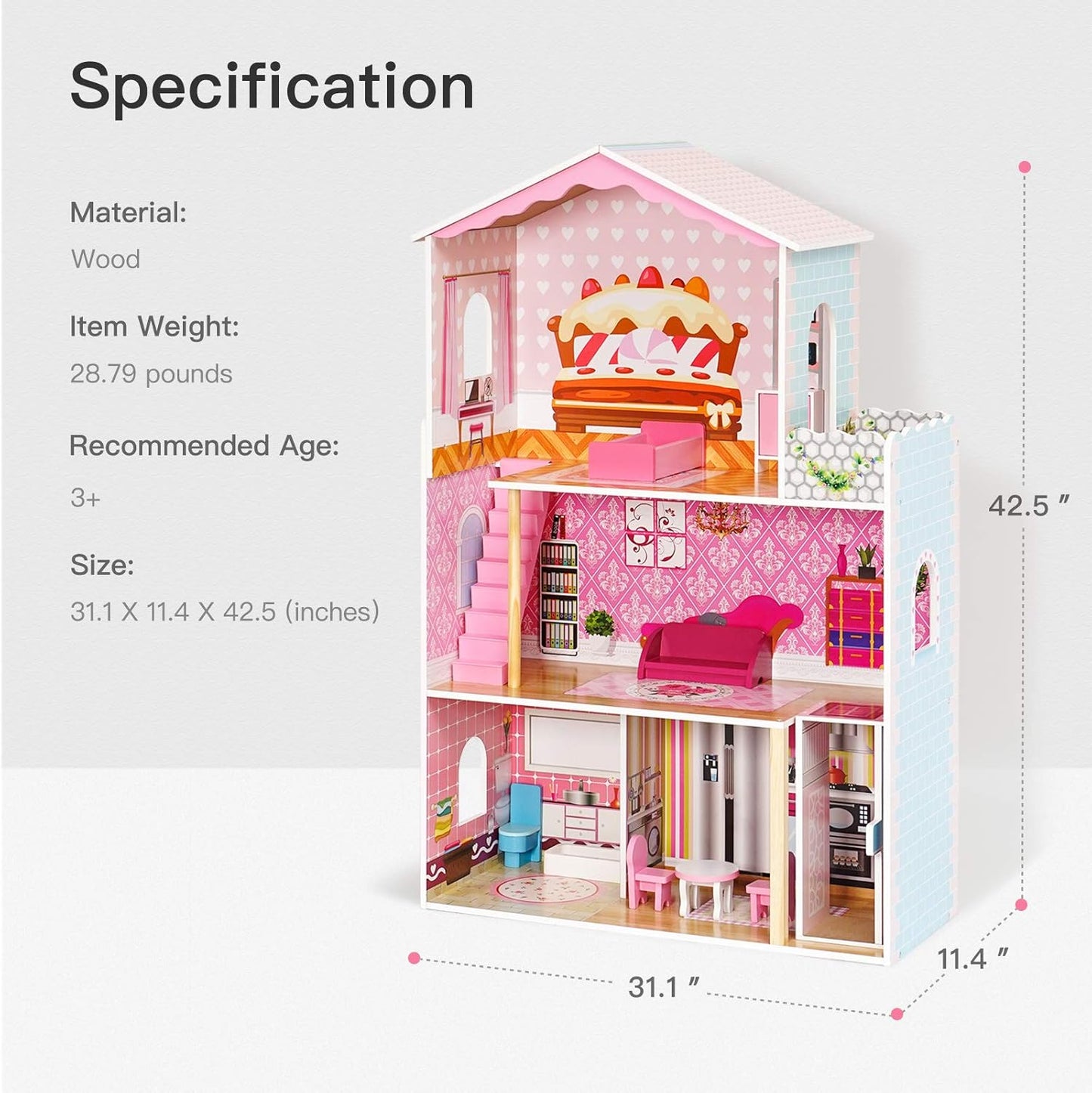 ROBUD Wooden Dollhouse for Kids, Pretend Play Dream House Toy for Little Girls 3+ Years Old