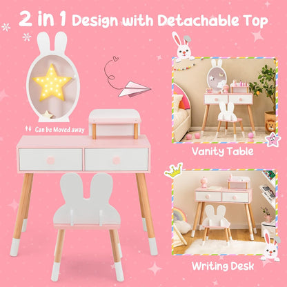 Costzon Kids Vanity Set, Girls Vanity Set with Mirror & Stool, 2 Large Drawers, Storage Shelf, Wooden Princess Makeup Dressing Table, Pretend Play Vanity Table Chair Set for Toddlers (White)