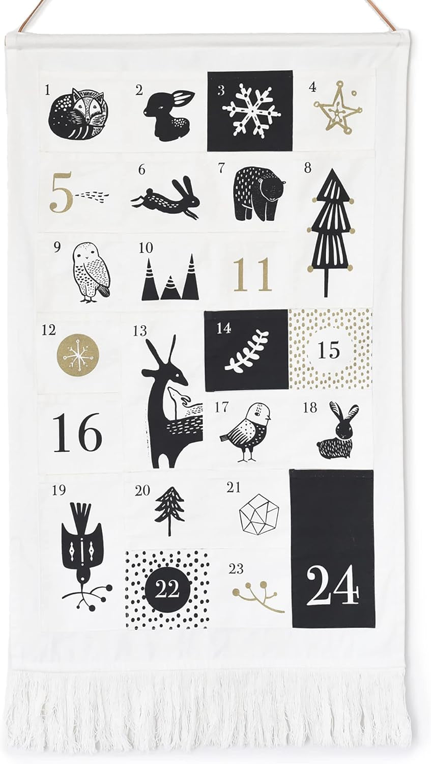 Wee Gallery Christmas Countdown Advent Calendar, Fabric, Festive Animals Designs - 24 Pockets, Natural Organic Cotton, Reusable Quality, Xmas Holiday Wall Decoration and Storage Bag (Large 40X14 Inch)