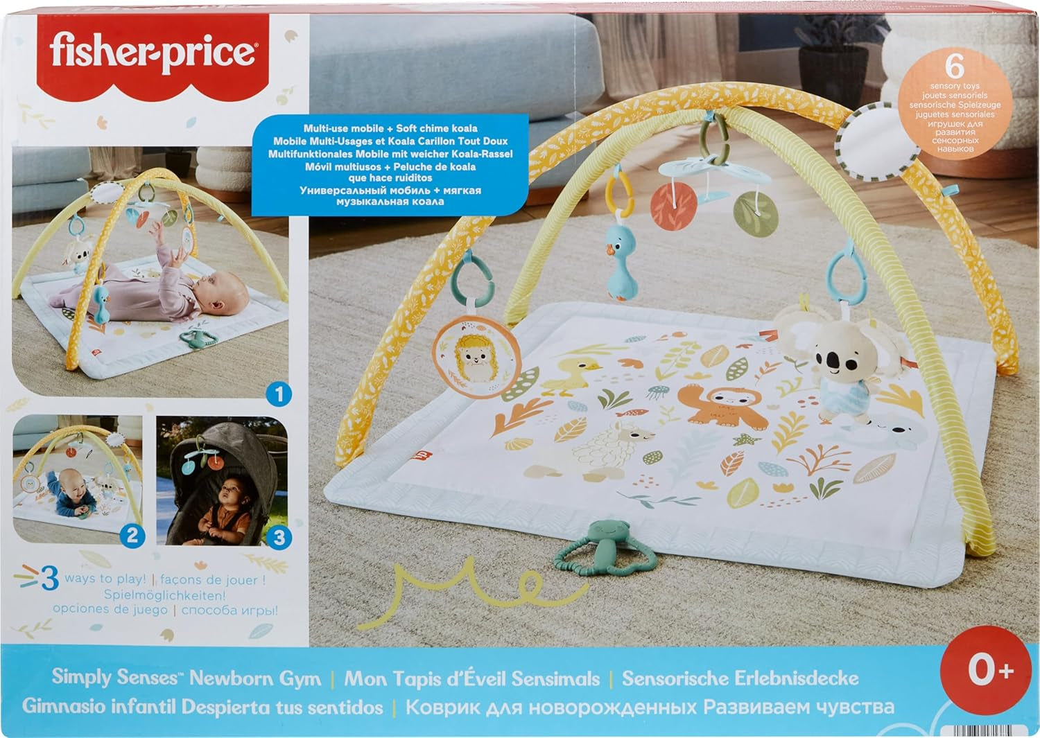 Fisher-Price Baby Playmat Simply Senses Newborn Gym with Mobile & Sensory Activity Toys for Developmental Play Ages 0+ Months