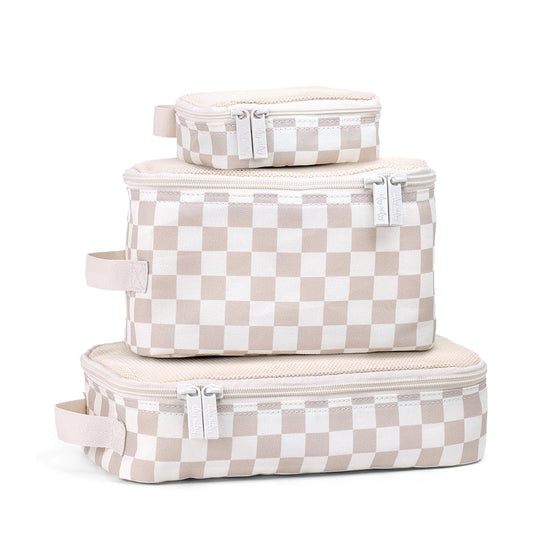 Itzy Ritzy Packing Cubes for Travel – Set of 3 Packing Cubes or Travel Organizers; Each Travel Cube Features a Mesh Top, Double Zippers and a Fabric Handle (Checkerboard)