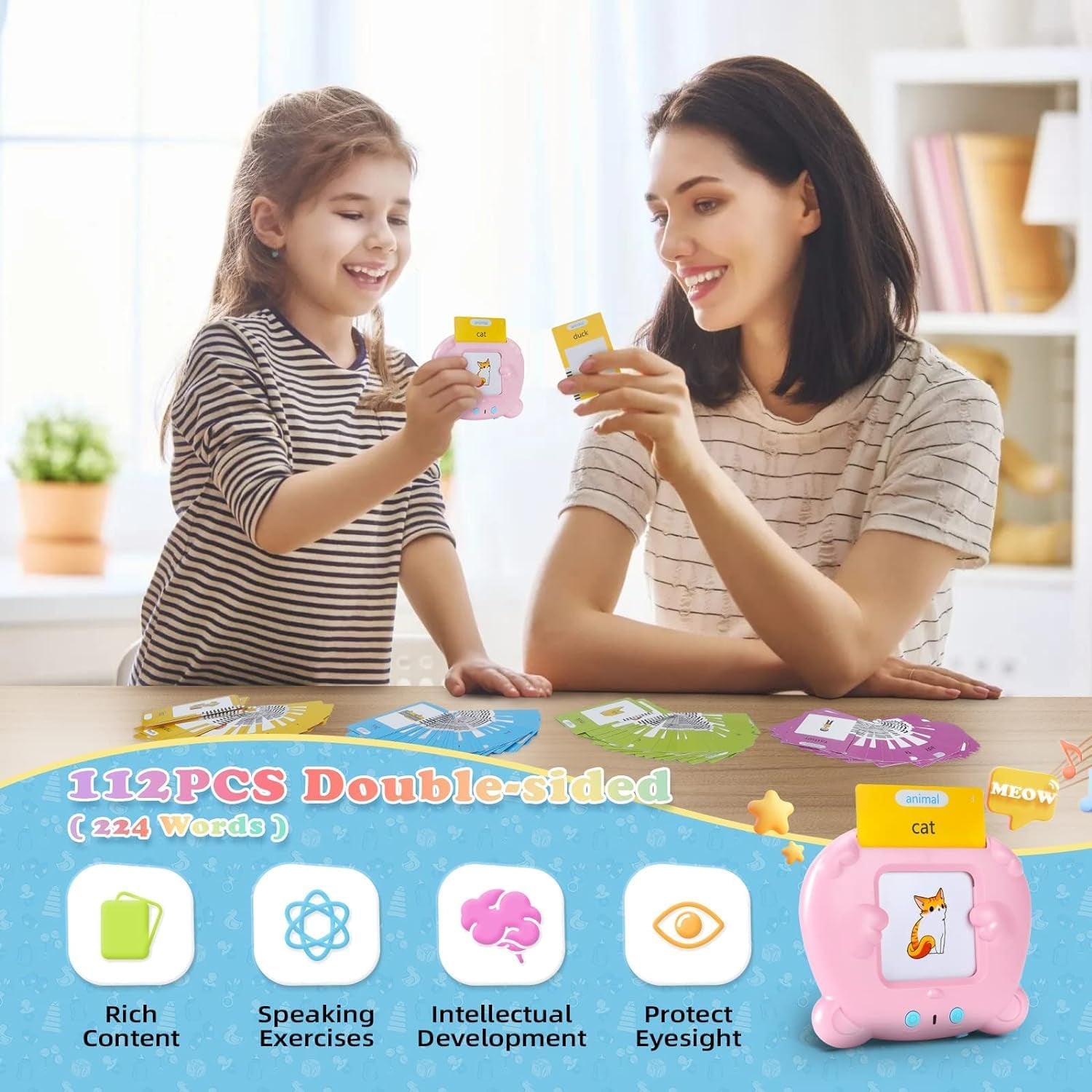 Bebemondo Talking Flash Cards for Toddlers, 1 Year Old Boy Girl Birthday Gift, Montessori Toys for 1 2 3 Year Old, 224 Sight Words Flash Cards Kindergarten, Speech Therapy Toys for Toddlers 1-3, Pink