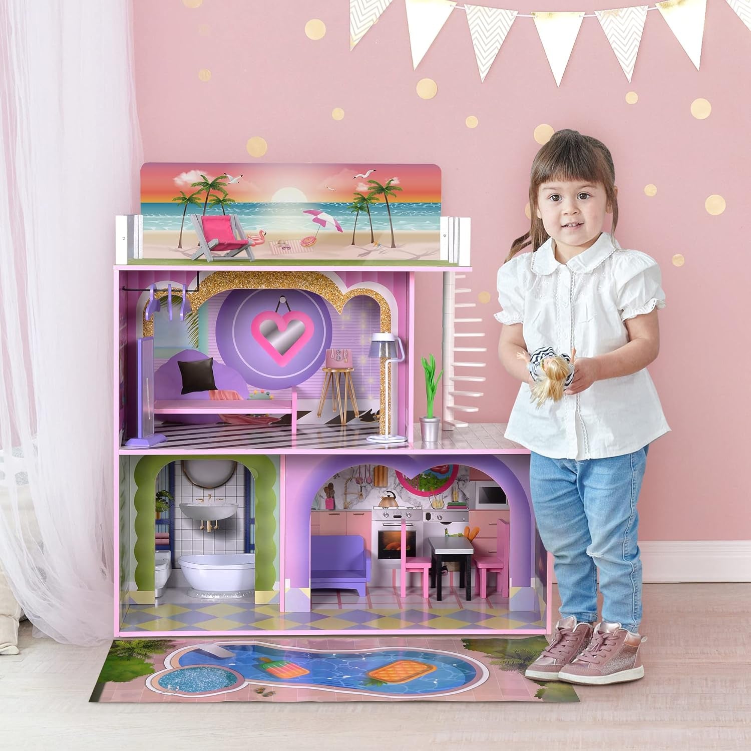 Olivia'S Little World Dreamland Sunset 2-Story Wooden Dollhouse with Modern Rooftop Deck and 14-Pc. Accessory Set for 12" Dolls, Pink