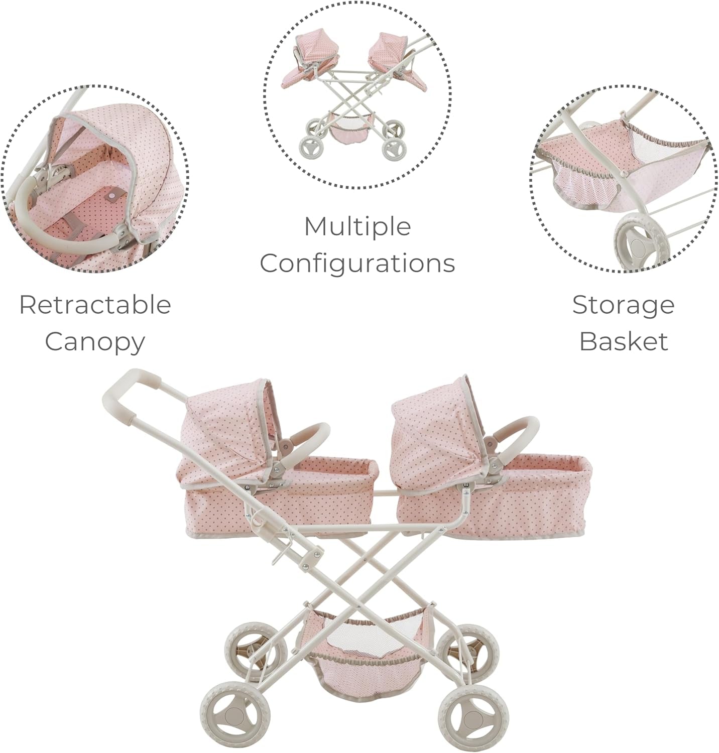 Olivia'S Little World Polka Dot Princess Baby Doll Twin Bassinet Stroller with Retractable Canopy & Storage, Pink/Gray