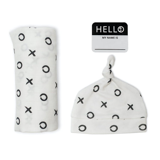 Lulujo Baby Hello World Newborn Hat and Swaddle Blanket Set, Hugs & Kisses