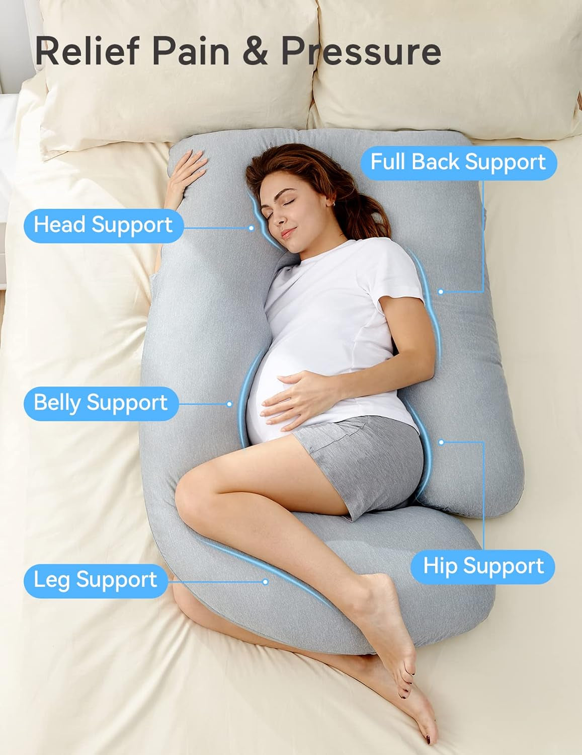 Momcozy Pregnancy Pillows with Cooling Cover, U-Shaped Full Body Maternity Pillow for Side Sleepers 57 Inch - Support for Back, Hip, Belly, Legs for Pregnant Women