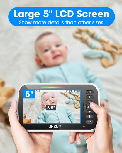 Baby Monitor with 4 Cameras and Audio - 5” Display Video Baby Monitor with 30 Hours Battery Life, Remote Pan & Tilt, 2X Zoom,Auto Night Vision, 2 Way Talk, Temperature Sensor,Lullabies,960 Feet Range