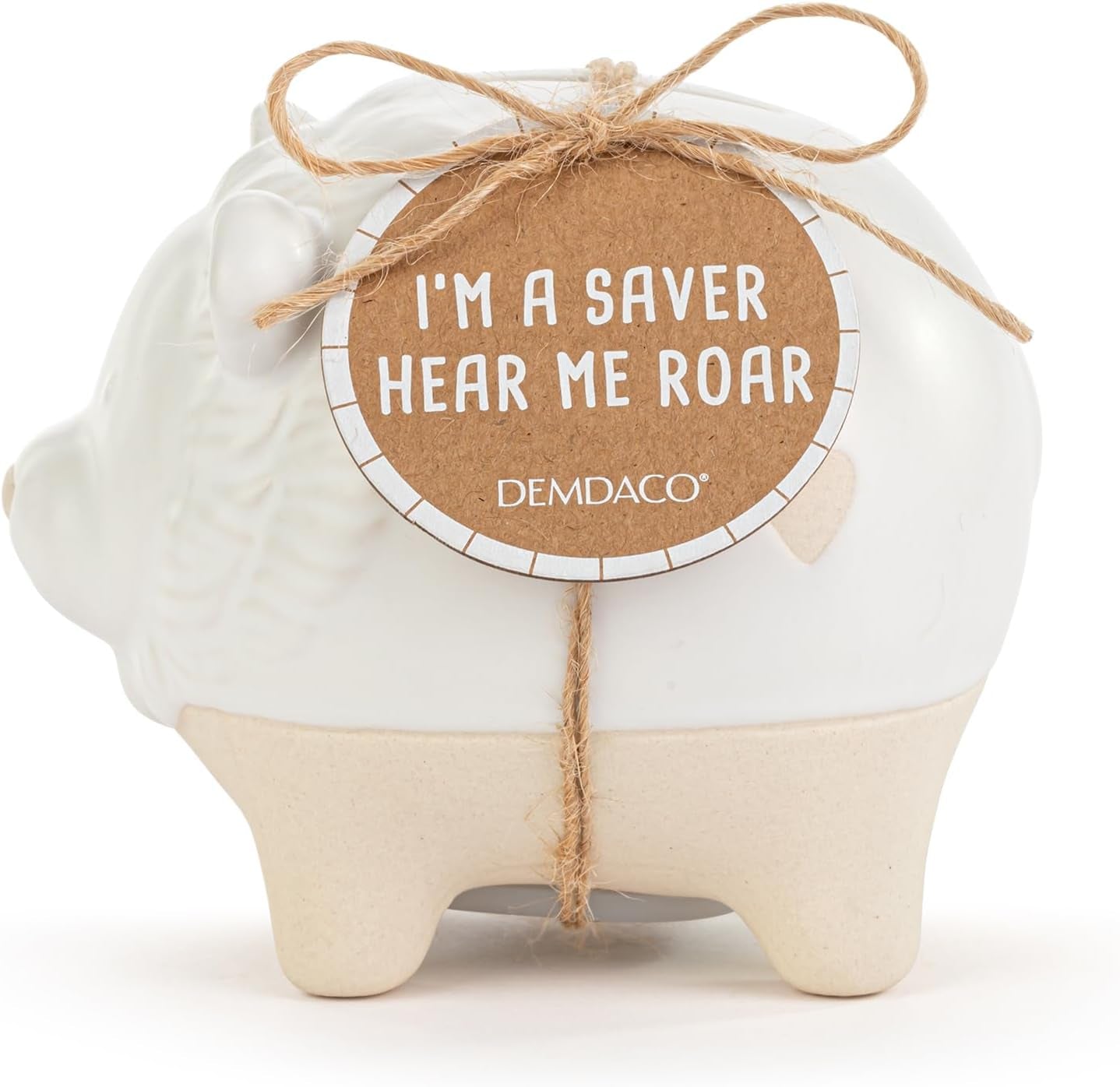 DEMDACO 5004820137 Saver Hear Me Roar Classic White and Tan 4 X 3.5 Inch Stoneware Piggy Savings Money Coin Bank Lion