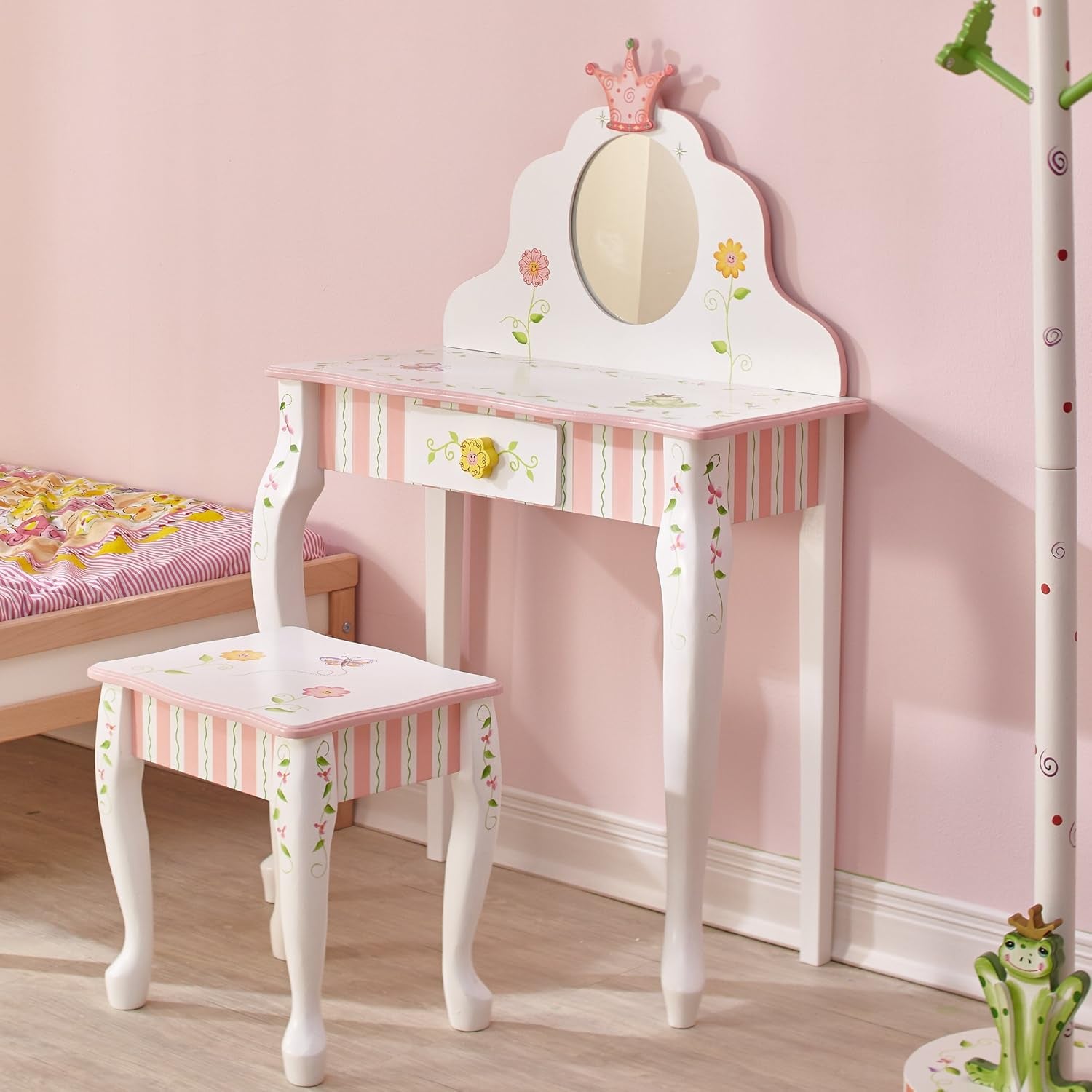 Fantasy Fields - Princess & Frog Kids Vanity Table and Stool Set , 1 Drawer, Gift for Kids, White Pink, Crown