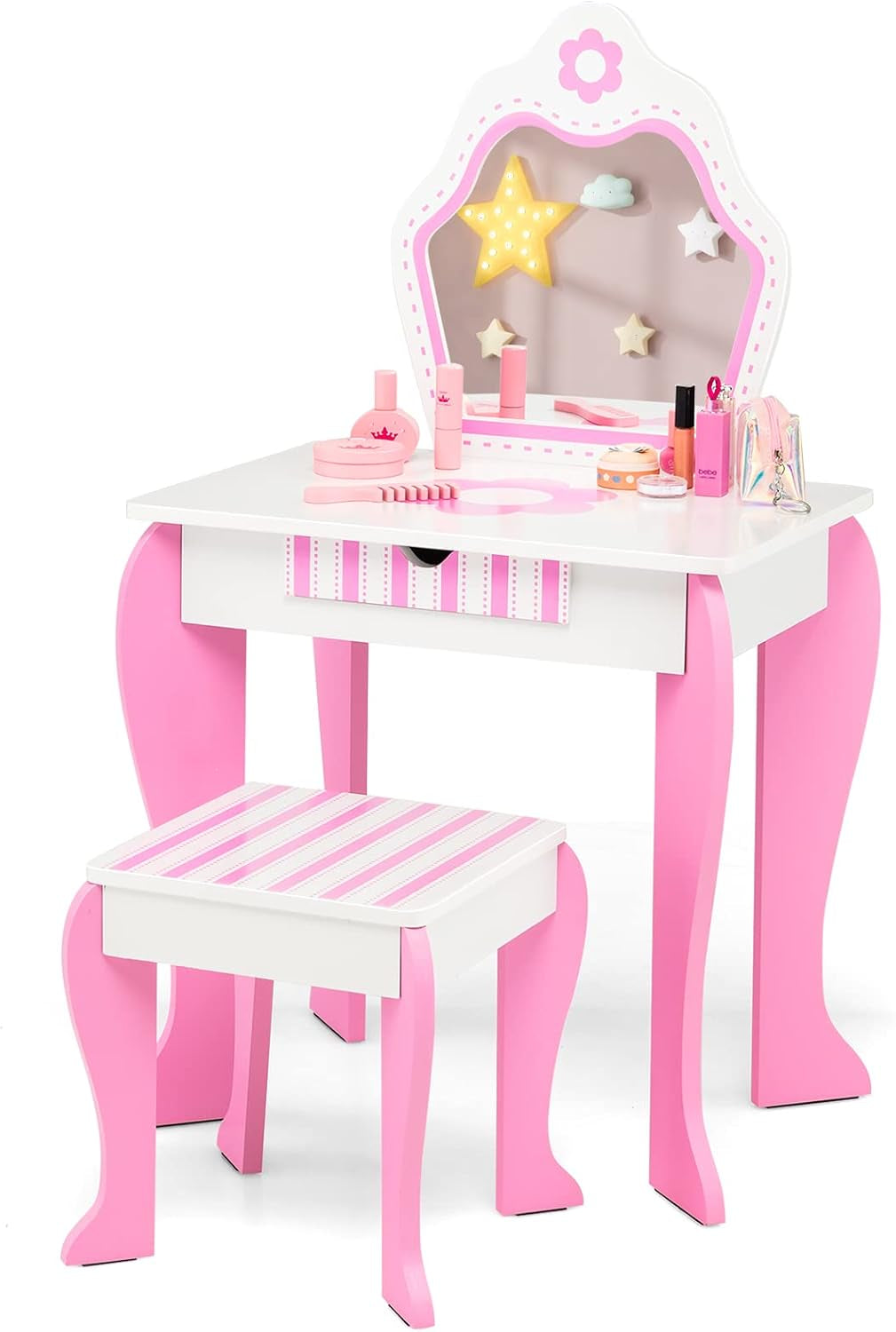 Costzon Kids Vanity, Girls Vanity Set with Mirror and Stool, Storage Drawer, Wooden Princess Makeup Dressing Table, Pretend Play Vanity Table and Chair Set for Toddlers