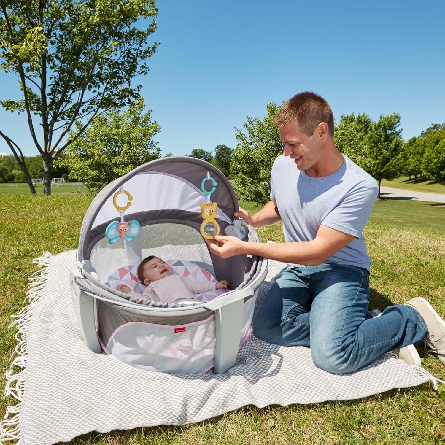 Fisher-Price Portable Bassinet On-The-Go Baby Dome, Travel Play Space with Developmental Newborn Toys & Canopy, Rosy Windmill