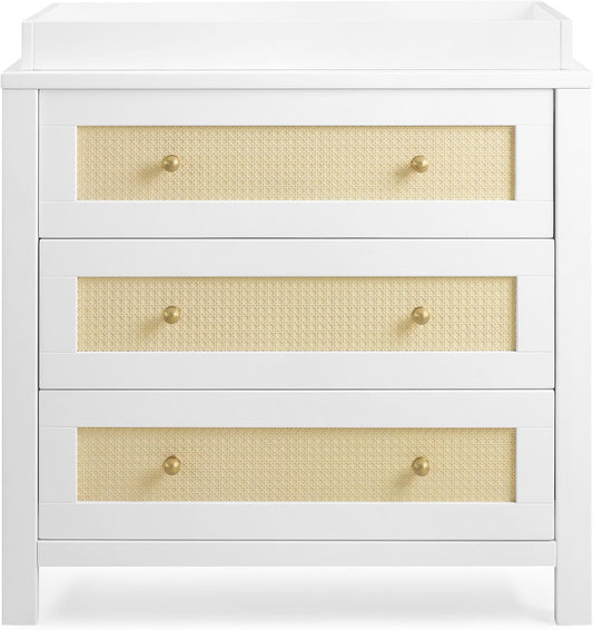 Simmons Kids Theo 3 Drawer Dresser with Changing Top and Interlocking Drawers, Bianca White/Textured Almond