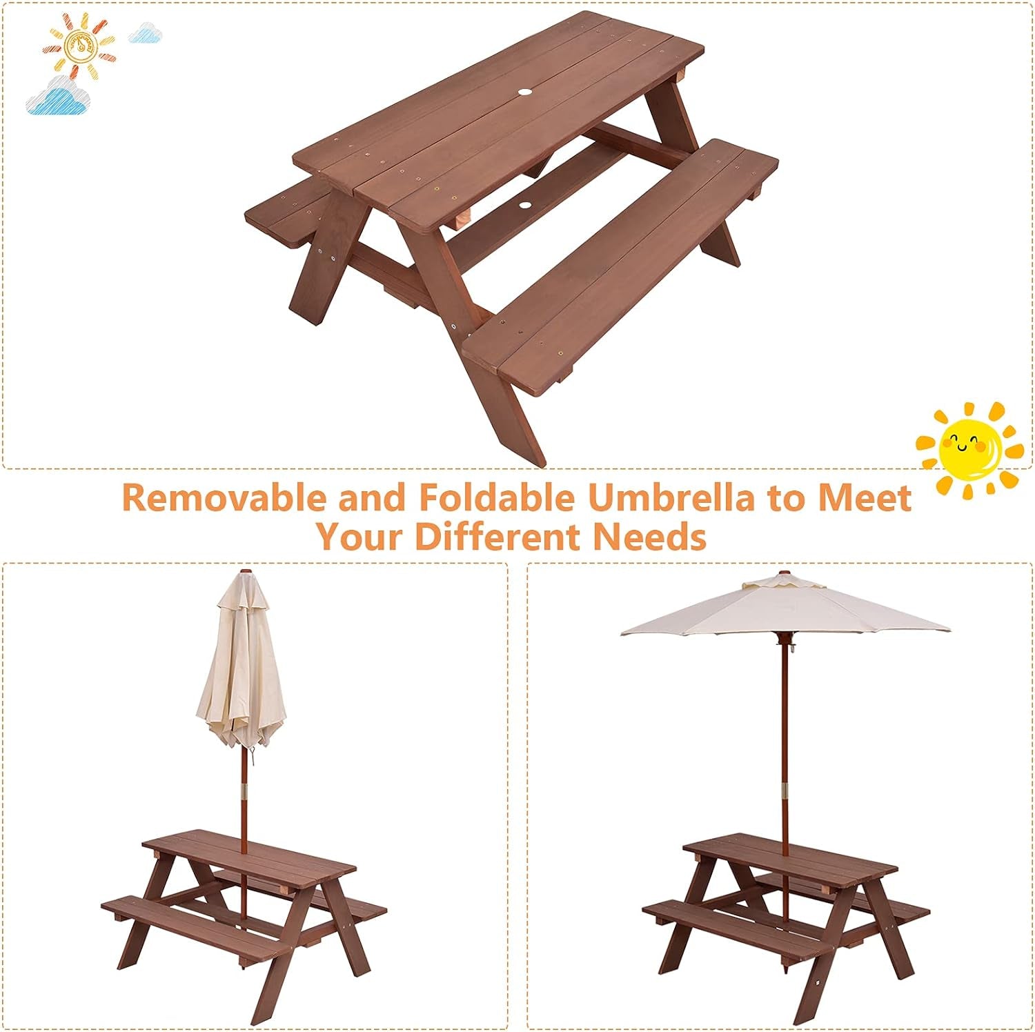 Costzon Kids Picnic Table, Wooden Table & Bench Set W/Removable & Foldable Umbrella, Toddler Patio Set for Backyard, Garden, Lawn, Girls & Boys Gift, Kids Table and Chair Set for Outdoors (Natural)