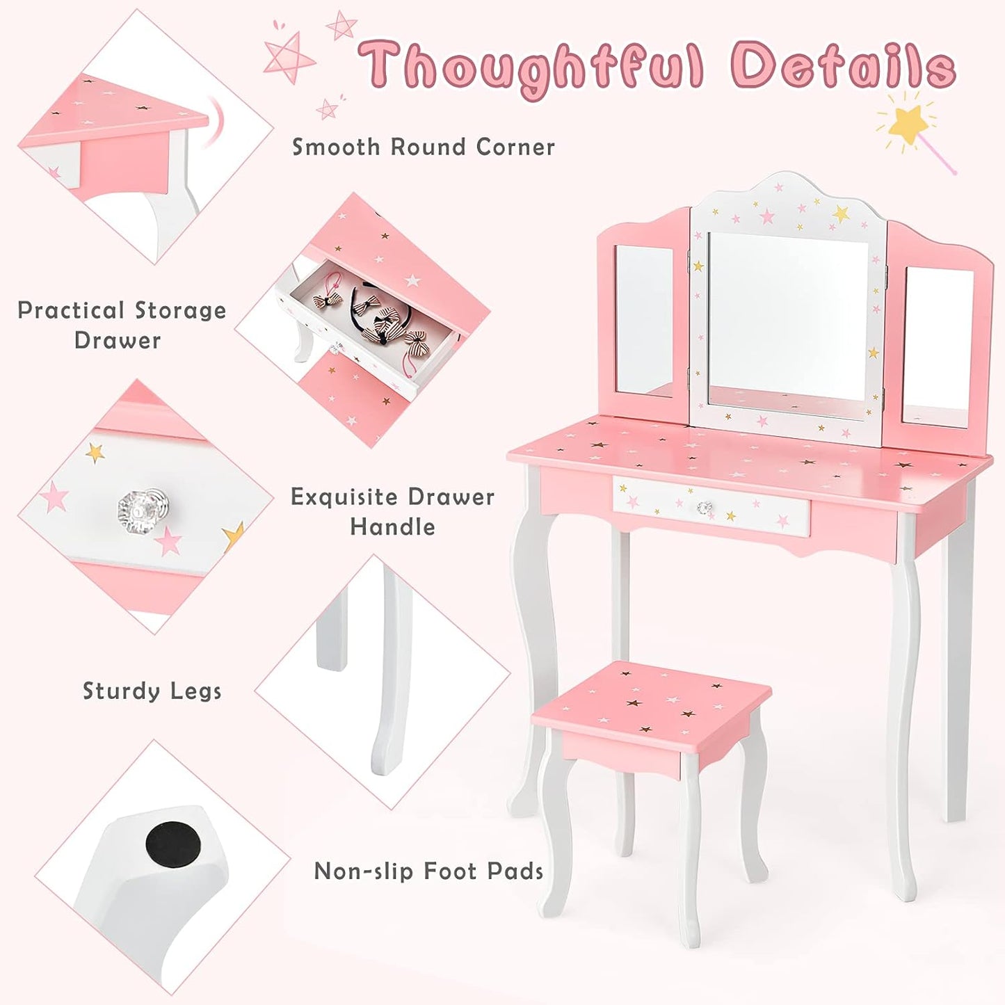 Costzon Kids Vanity Set with Mirror, 2 in 1 Princess Makeup Dressing Table W/Detachable Top, Toddler Girls Vanity with Tri-Fold Mirror, Drawer & Stool, Pretend Play Vanity Set for Little Girls, Pink