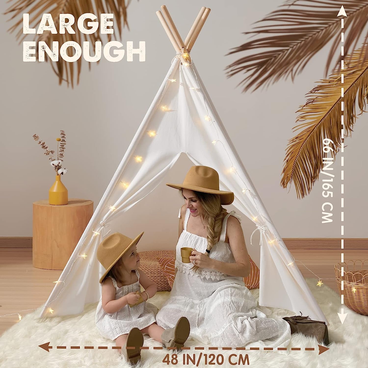 Tiny Land Teepee Tent for Kids, 100% Cotton Play Tent with Padded Mat and Star Lights, Kids Teepee Tent with Carry Bag, Foldable Kids Tent for Toddlers Aged 3+, Quality Teepee Tent for Girls and Boys