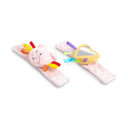 DEMDACO Pig Pink and Yellow 3-6 Months Baby Wrist Rattle and Mirror Activity Set