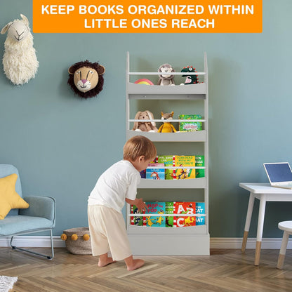 Costzon Kids Bookshelf, 4-Tier Wooden Book Shelf Organizer for Books and Toys, Toddler Space-Saving Wall Bookcase Conner Storage Rack for Bedroom, Living Room, Nursery, Playroom (White)