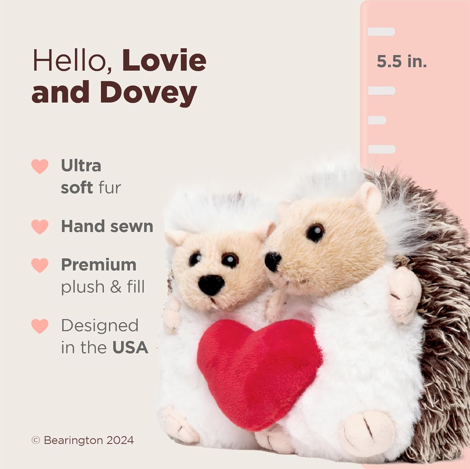 Bearington Lovie & Dovie Valentine'S Stuffed Animal for Kids, 5.5 Inch Hedgehog Plush, Ideal as a Valentine'S Day Gift