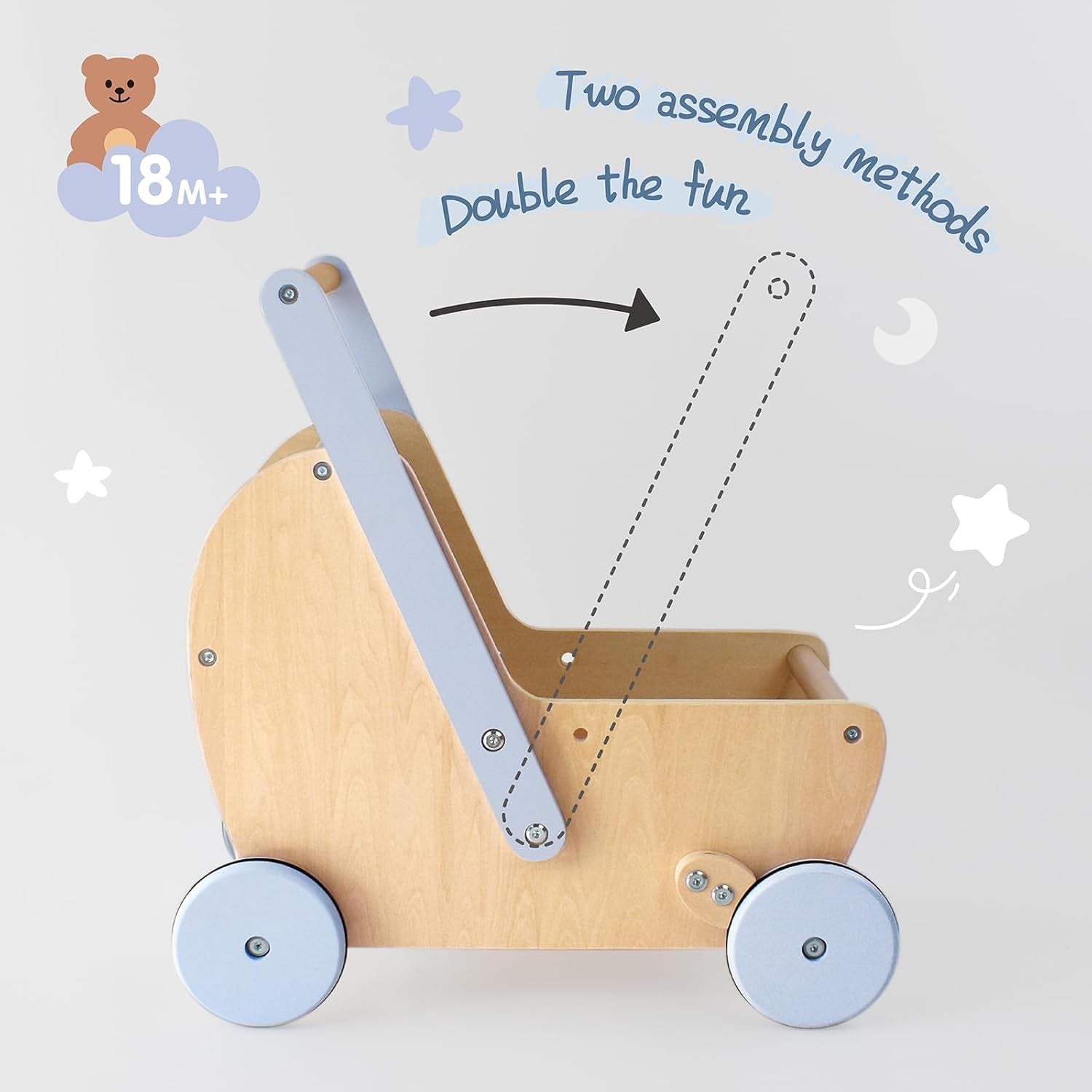 Wooden Baby Doll Pram Stroller,Wooden Baby Walker Push and Pull Doll Stroller,Baby Wooden Toy Stroller for Toddler Boys Girls 18 Months and Up