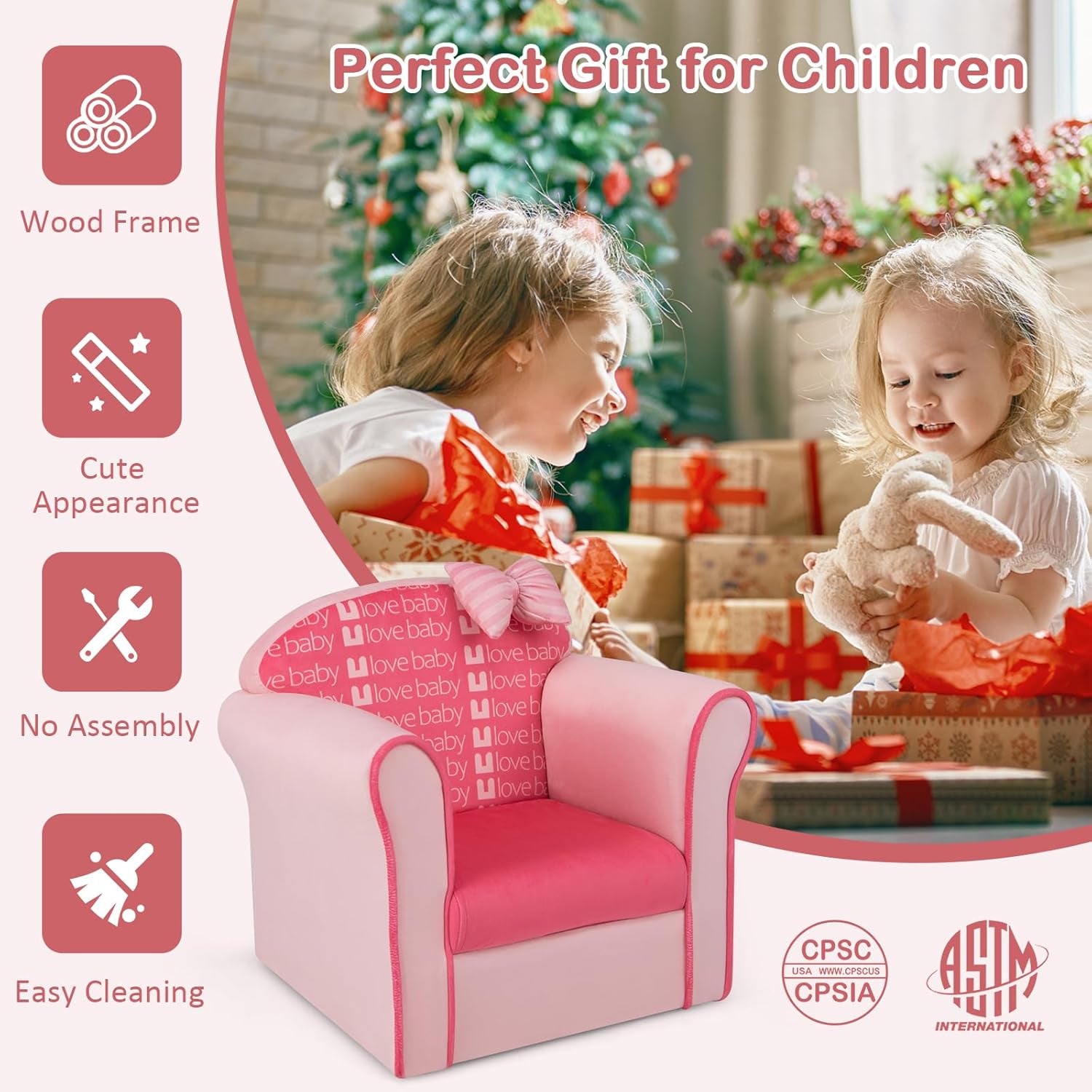 Costzon Kids Pink Couch, Children'S Sofa Upholstered Armchair with Velvet Surface & High-Density Sponge, Lightweight Preschool Toddler Chair for Boys Girls Aged 1-3, Bedroom Playroom Gift Presents