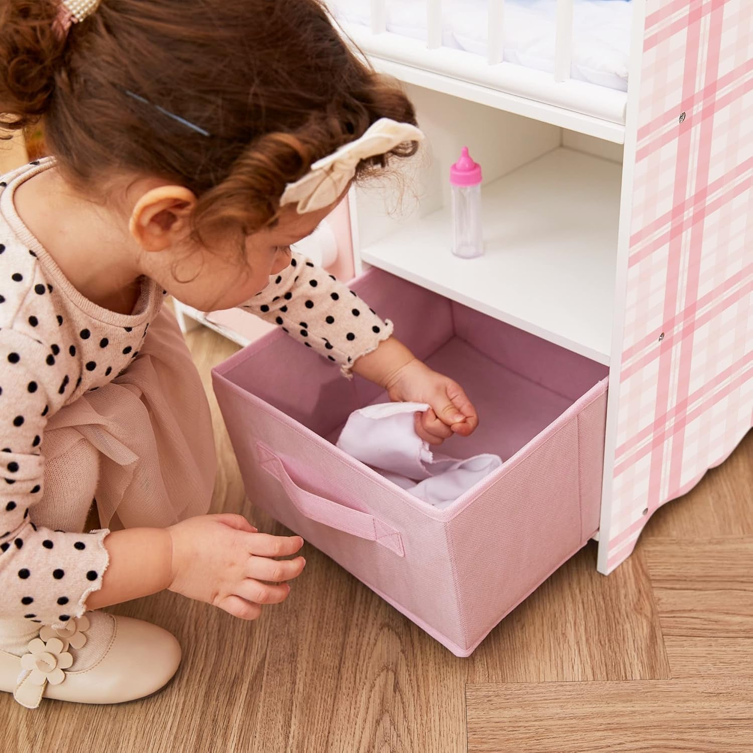 Olivia'S Little World Polka Dot Princess Wooden Baby Doll Crib with Under-The-Crib Storage Featuring a Cabinet with Door and Two Cubbies, Pink and White