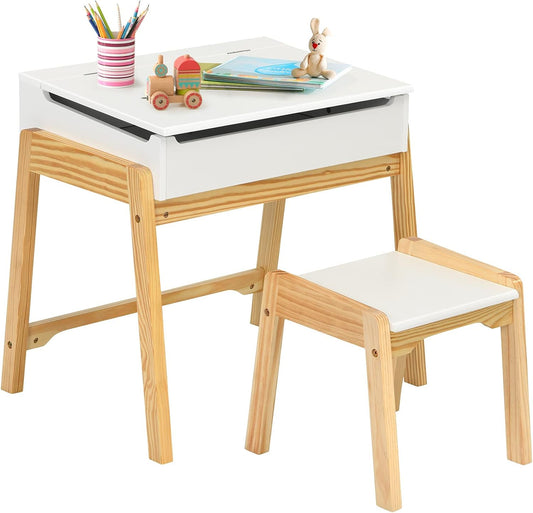 Costzon Kids Table and Chair Set, Wooden Lift-Top Desk & Chair W/Storage Space, Safety Hinge, Gift for Toddler Drawing, Reading, Writing, Homeschooling, Children Activity Table & Chair (White)