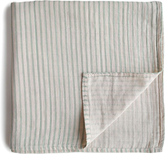 Mushie Muslin Baby Swaddle Blanket | 100% Organic Cotton (Sage Stripe)