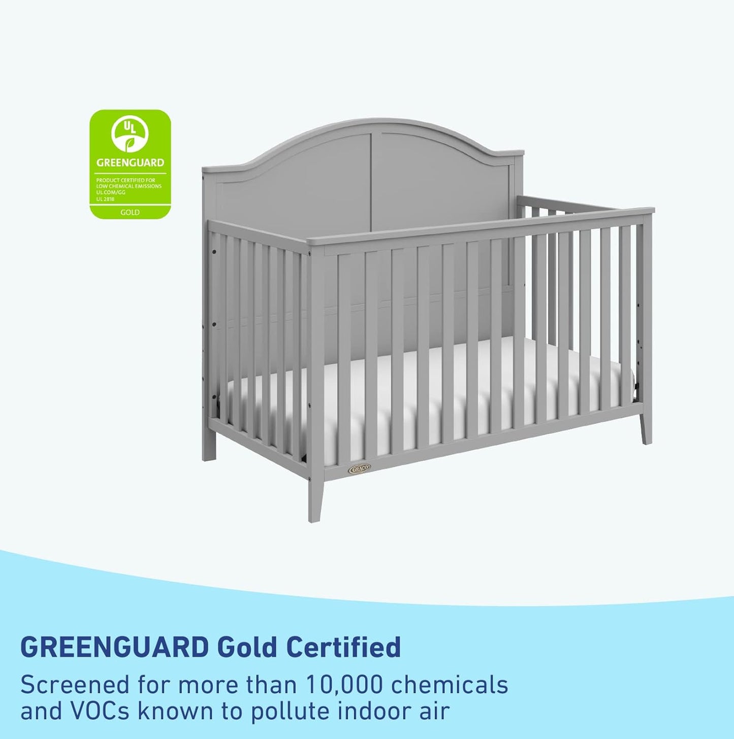 Graco Wilfred 5-In-1 Convertible Crib (Pebble Gray) – GREENGUARD Gold Certified, Converts to Toddler Bed and Full-Size Bed, Fits Standard Full-Size Crib Mattress, Adjustable Mattress Support Base