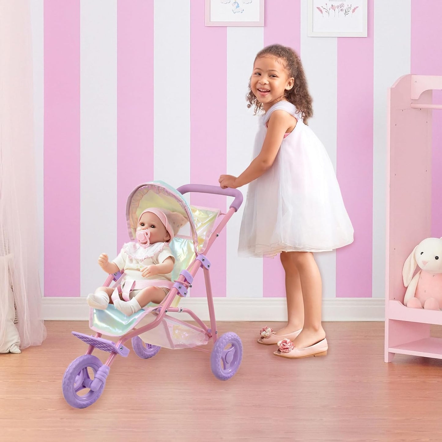 Olivia'S Little World Doll Jogging-Style Stroller with Canopy, Storage Underneath, Pink and Cream and Gray