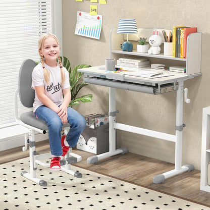 Costzon Kids Desk, Height Adjustable Children Study Desk with Tilt Desktop, Storage Drawer, Hutch, Scale Ruler, Student Writing Table School Desk for Boys Girls Bedroom, Desk for Kids (Grey)