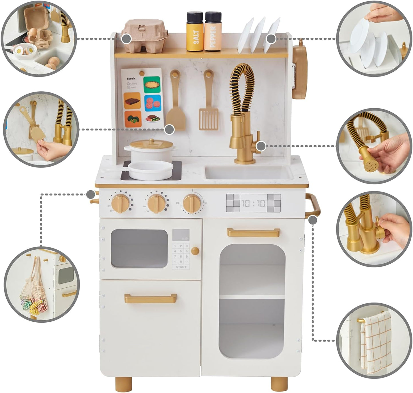 Teamson Kids Little Chef Memphis Wooden Play Kitchen with Interactive, Realistic Features, and 16 Kitchen Accessories for 3Yrs and Up, Light Oak/Faux White Marble/Gold