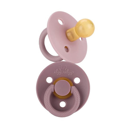 Itzy Ritzy Natural Rubber Pacifiers, Set of 2 – Natural Rubber Newborn Pacifiers with Cherry-Shaped Nipple & Large Air Holes for Added Safety; Set of 2 in Orchid & Lilac, Ages 0 – 6 Months