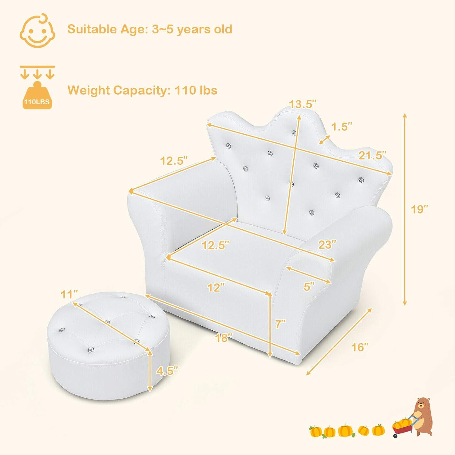 Costzon Kids Sofa, Children Upholstered Sofa with Ottoman, Princess Sofa with Diamond Decoration, Smooth PVC Leather Toddler Chair, Kids Couch for Boys and Girls, Gift for Toddlers (White)