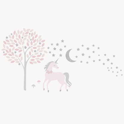 Levtex Baby - Colette Resuable Wall Decal - Unicorn, Tree and Stars - Pink and Grey - Nursery Accessories - Size: 58 X 30 In.