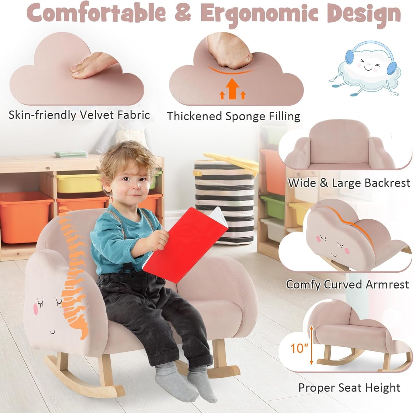 Costzon Kids Sofa, Rocking Chair with Solid Wood Frames, Velvet Fabric, Anti-Tipping Design for Kids Room, Nursery, Preschool, Birthday Gift for Boys Girls, Toddler Furniture Armchair (Light Pink)