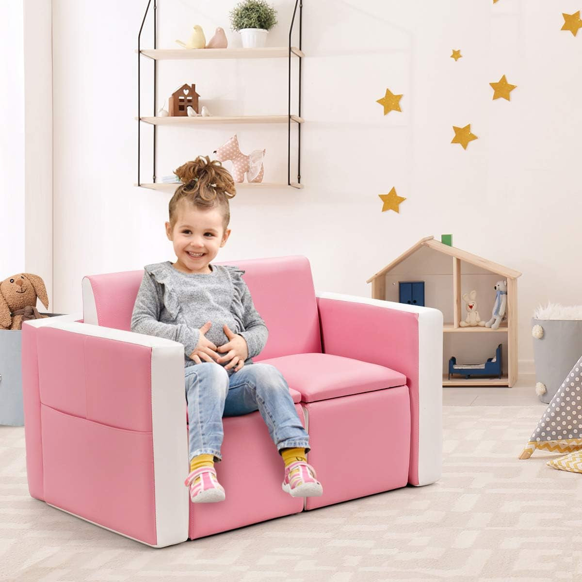 Costzon Kids Couch, 2 in 1 Double Seat Children'S Sofa Convert to Table and Two Chairs, Toddler Lounge with Storage Space, PVC Surface, Large Soft Kids Preschool Sofa Toy for Boys Girls Gifts (Pink)