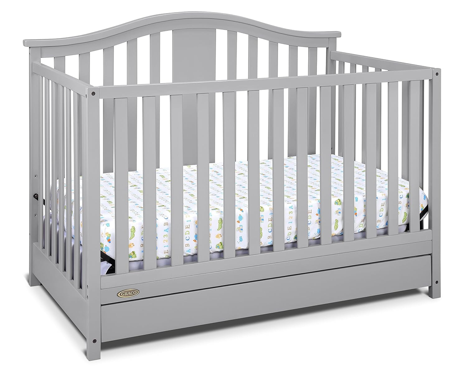 Graco Solano 4-In-1 Convertible Crib with Drawer (Pebble Gray) – GREENGUARD Gold Certified, Crib with Drawer Combo, Includes Full-Size Nursery Storage Drawer, Converts to Toddler Bed and Full-Size Bed