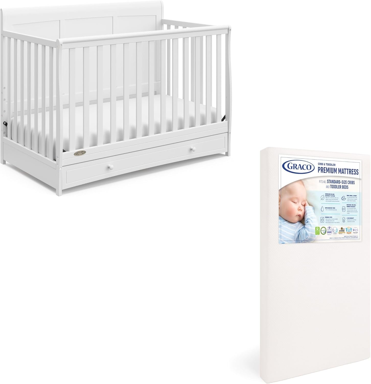 Graco Asheville 5-In-1 Convertible Crib with Drawer (White) – GREENGUARD Gold Certified, Crib with Drawer Combo, Full-Size Nursery Storage Drawer, Converts to Toddler Bed, Daybed and Full-Size Bed