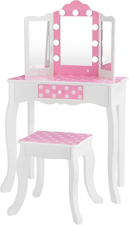 Teamson Kids Princess Gisele Starry Sky Print 2-Piece Kids Wooden Play Vanity Set with Vanity Table, Tri-Fold Mirror, Storage Drawer, and Matching Stool, White with Iridescent and Stars Accent