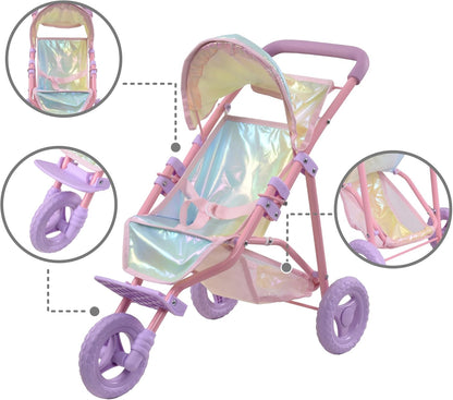 Teamson Kids - Magical Dreamland Baby Doll Jogging Stroller - My Little Girls First Dolls Pram Toy Gift, Iridescent Color