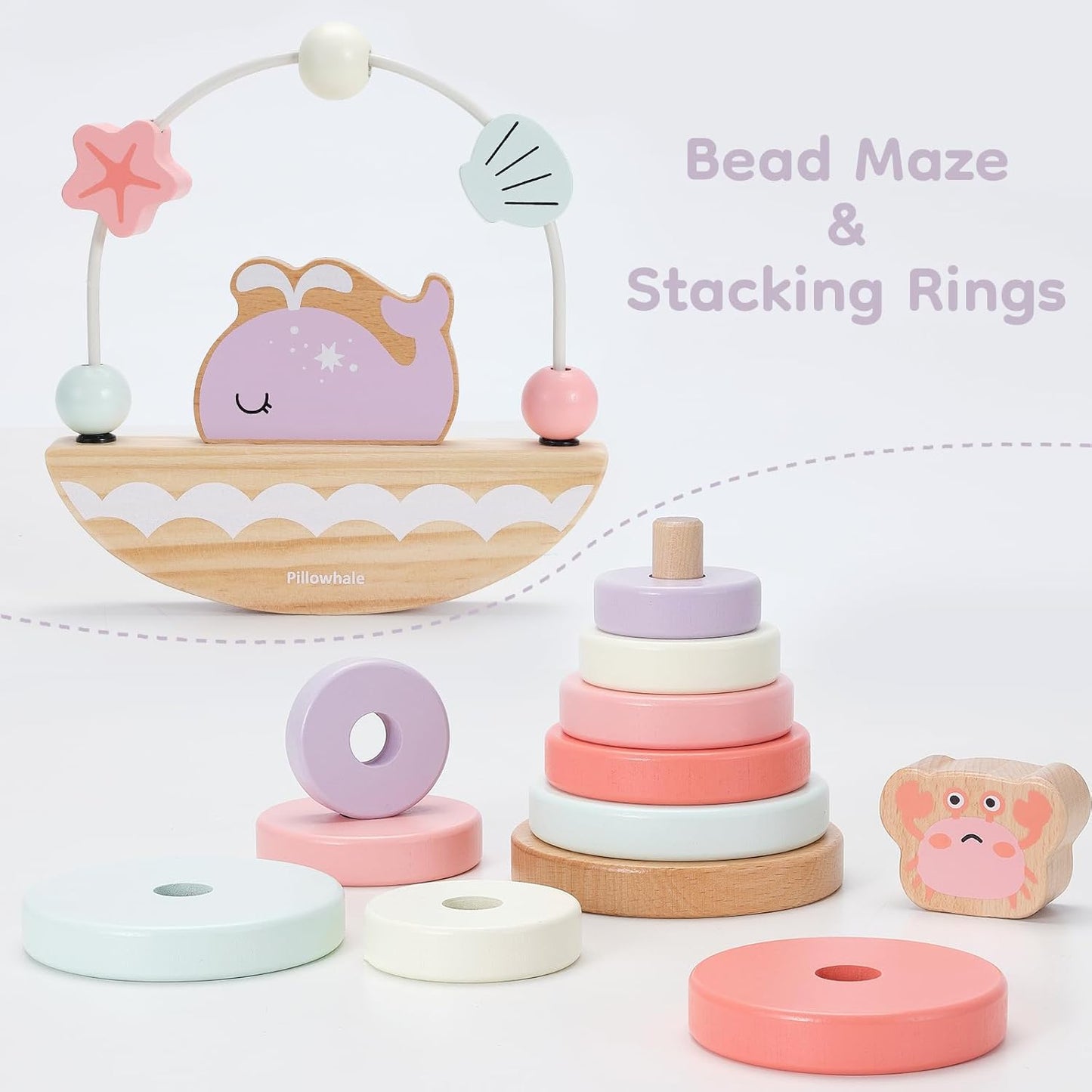 4-In-1 Wooden Toddler Toys for 1 Year Old, Wooden Stacking Rings Tower, Shape Sorter Box, Bead Maze, Wood Baby Push Car, Wooden Stacking Toys for Boys Girls 12M+