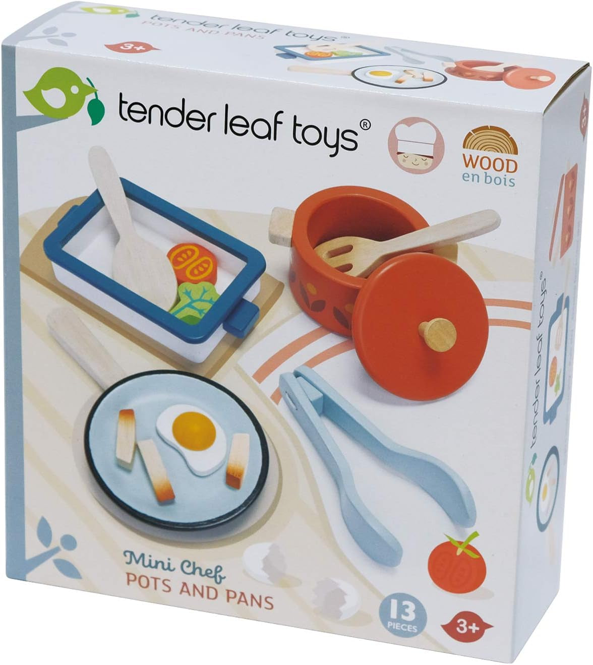 Tender Leaf Toys - Pots and Pans - 13 Pcs Wooden Pretend Cooking Playset, Play Kitchen Cookware Accessories Set for Kids - Age 3+