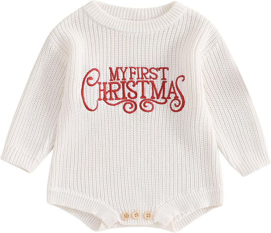 Aopwsrlyi Newborn Baby Girl Christmas Outfit Long Sleeve Knitted Sweatshirt Bubble Romper Infant Fall Winter Warm Sweater