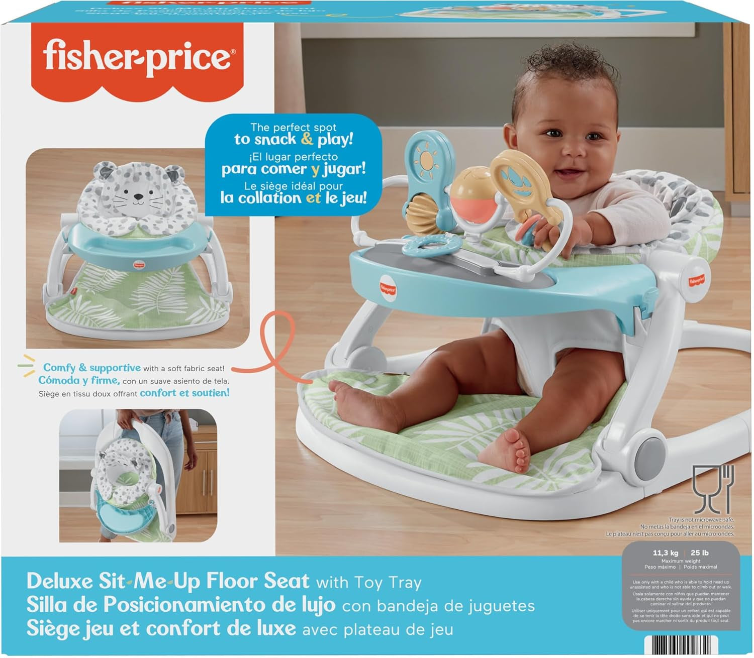 Fisher-Price Portable Baby Chair Deluxe Sit-Me-Up Floor Seat with Feeding Tray & Activity Toy Bar, Snow Leopard