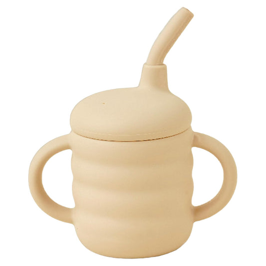 Chippi & Co Silicone Sippy Cup - Spill Proof - Safe - Soft Squeeze Baby First Cup for Water, Smoothie, Beverage, Straw Training Straw Cups for Babies 6-12 Months (Beige, Sippy Cup)