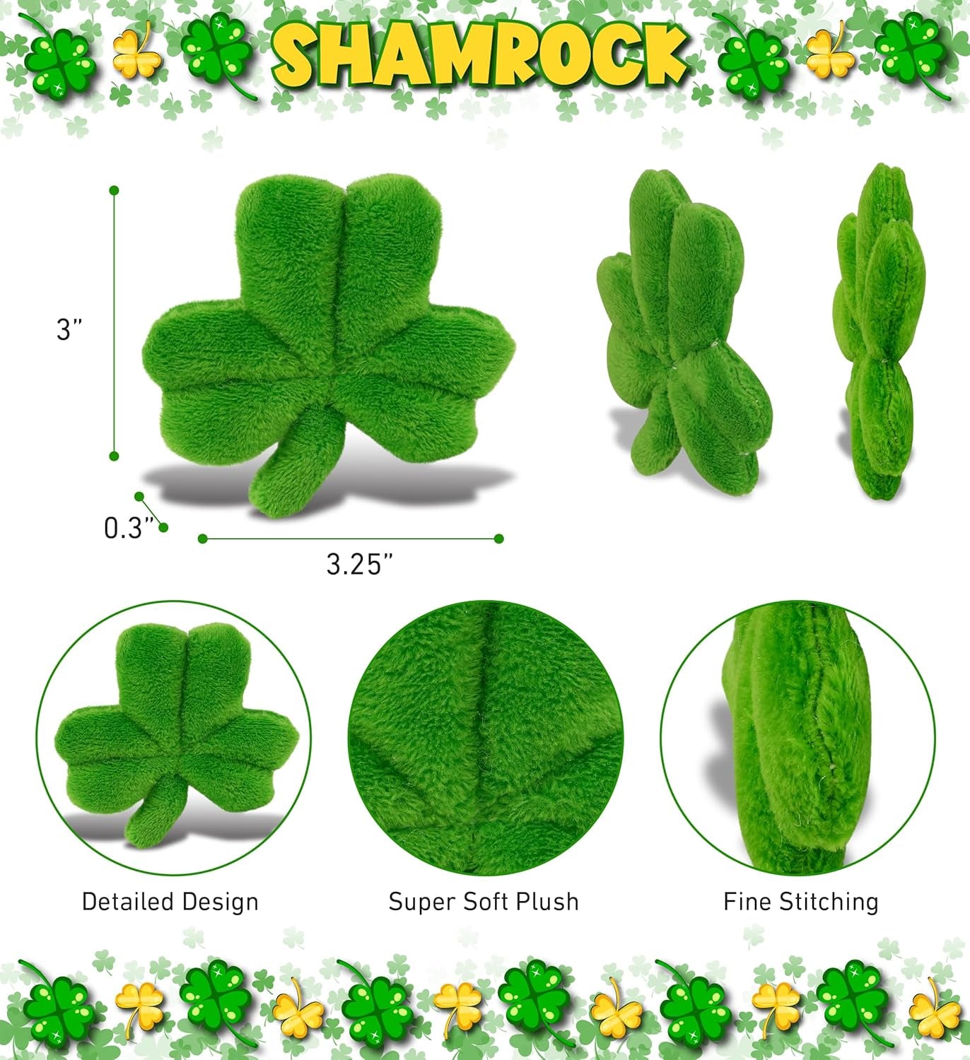 Dollibu Green Shamrock Plush - Cute Good Luck Charm Decorative Ornament for Teddy Bear Stuffed Animal, Party Decorations and Crafts, Four Leaf Clover Plush Toy for Saint Patricks Day Decor - 3 Inch